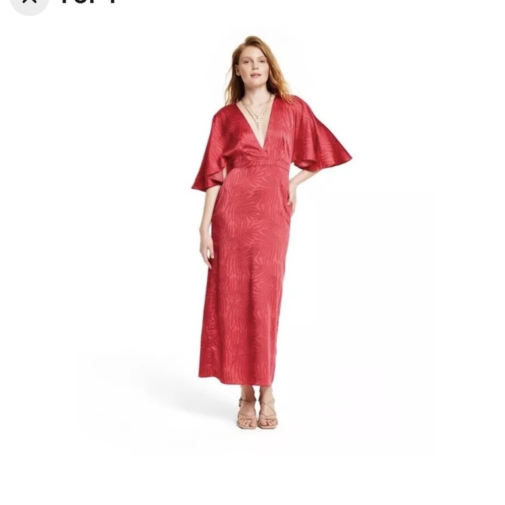 FE Noel red palm leaf print, flutter sleeve maxi dress. Size 14.